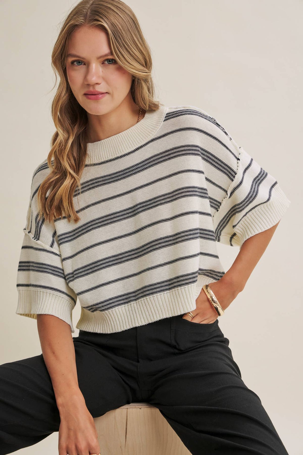 SUNLIT BOARDWALK LINEN COTTON BOXY STRIPE SWEATER