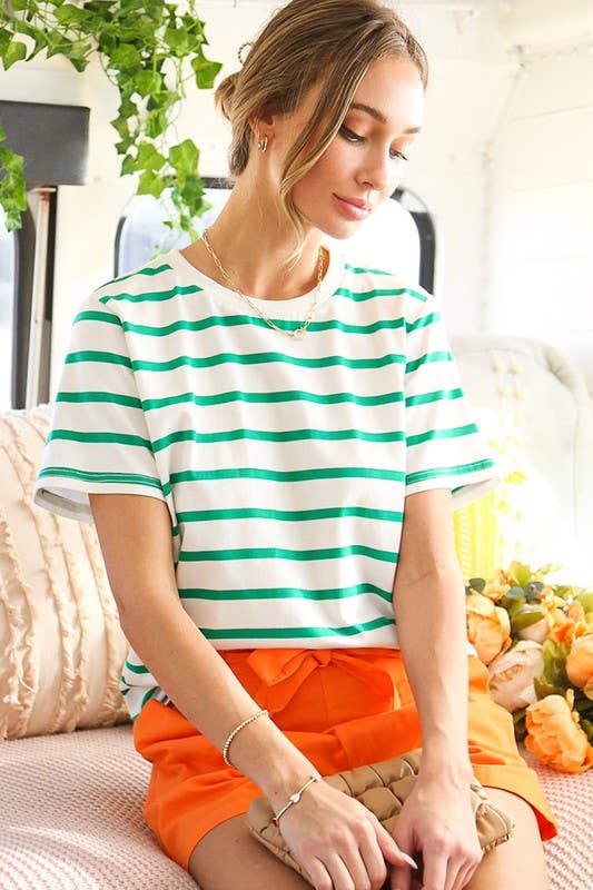 Striped Cotton Crew Neck Short-Sleeve Knit Top VT81439