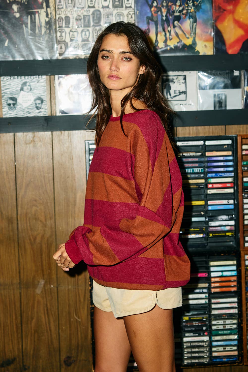 IT10015A | Cut-out Back Horizontal Stripe Sweatshirt