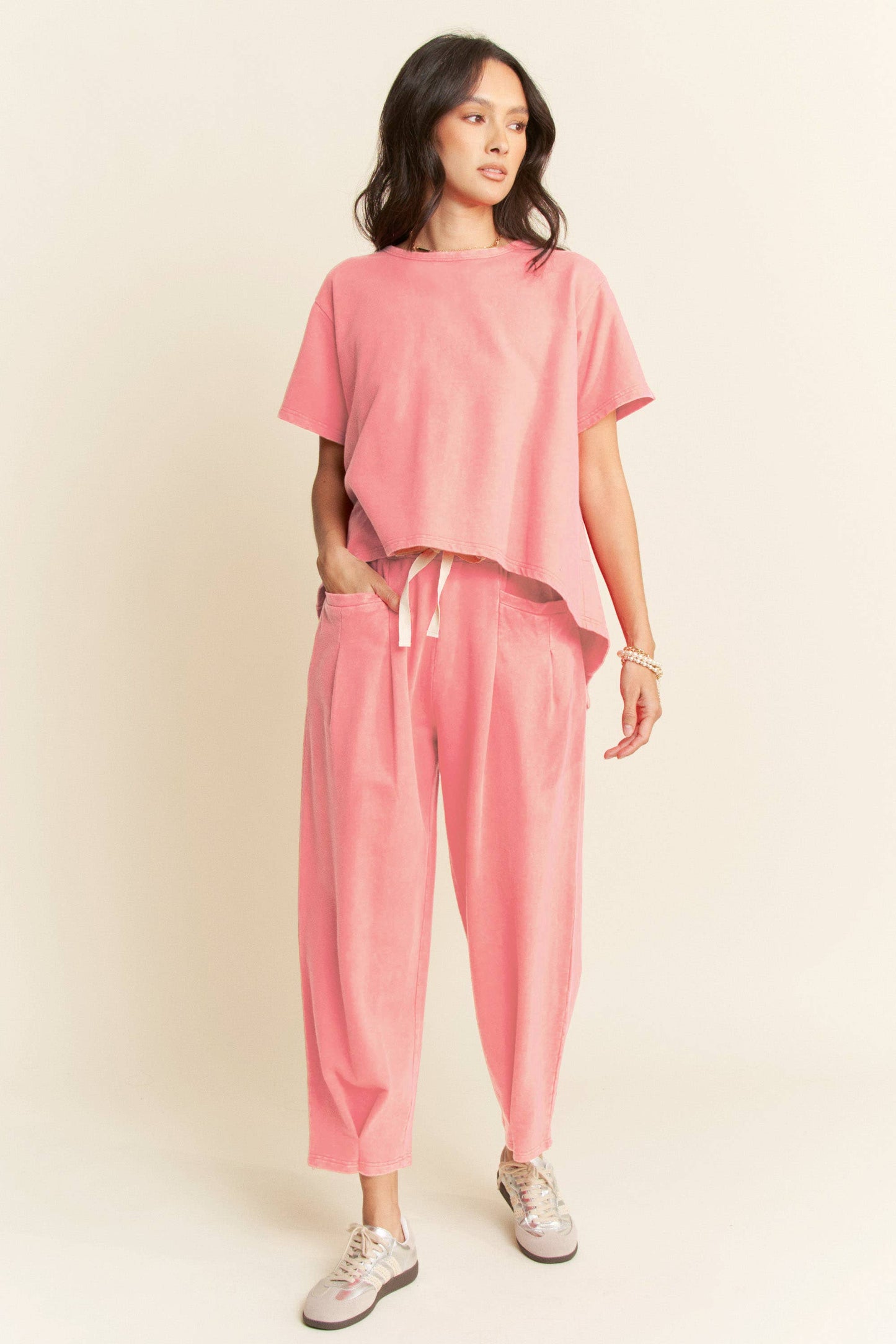 Garment-Wash Pleated Top & Pants Set