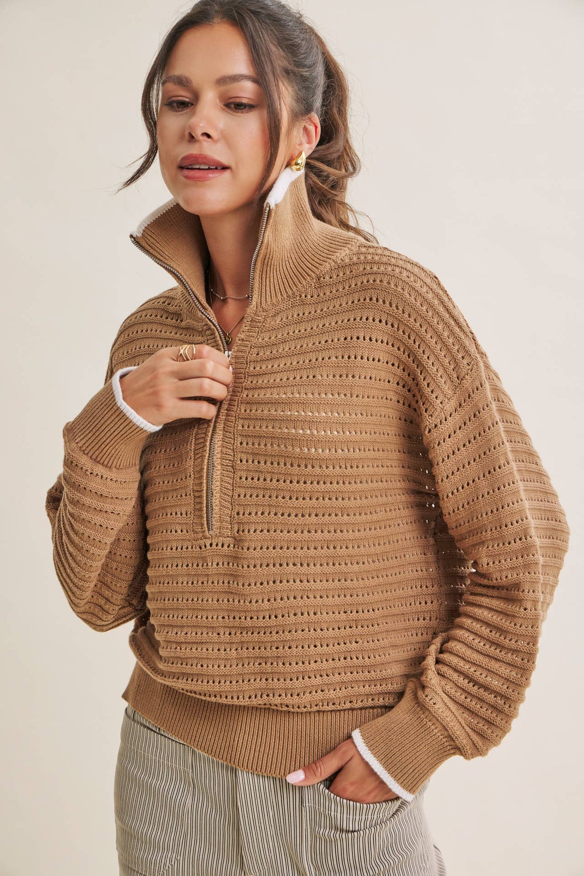 MOUNTAIN AIR CROCHET TEXTURE HALF-ZIP COTTON BLEND SWEATER
