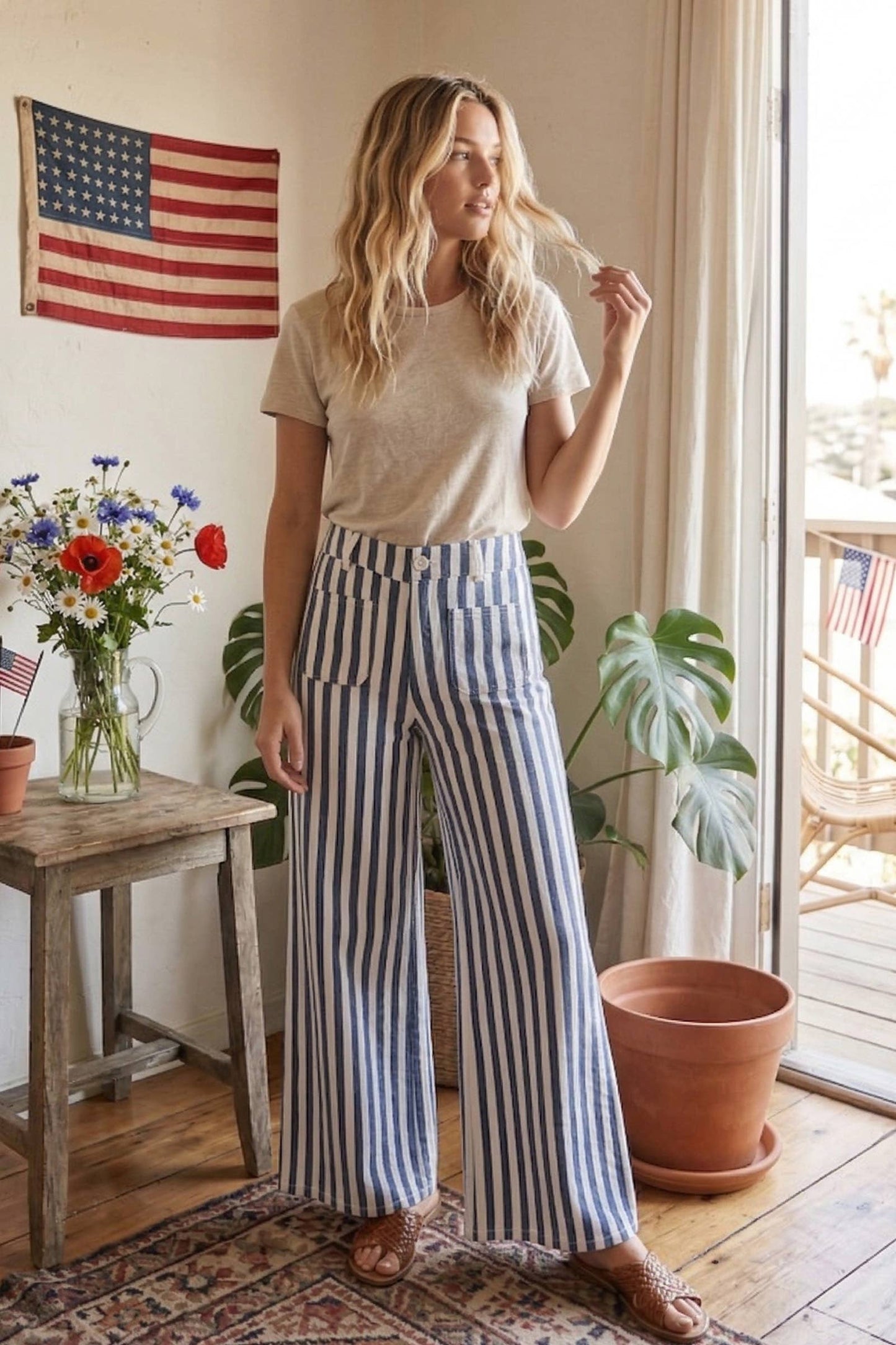 Wide Leg Striped Denim