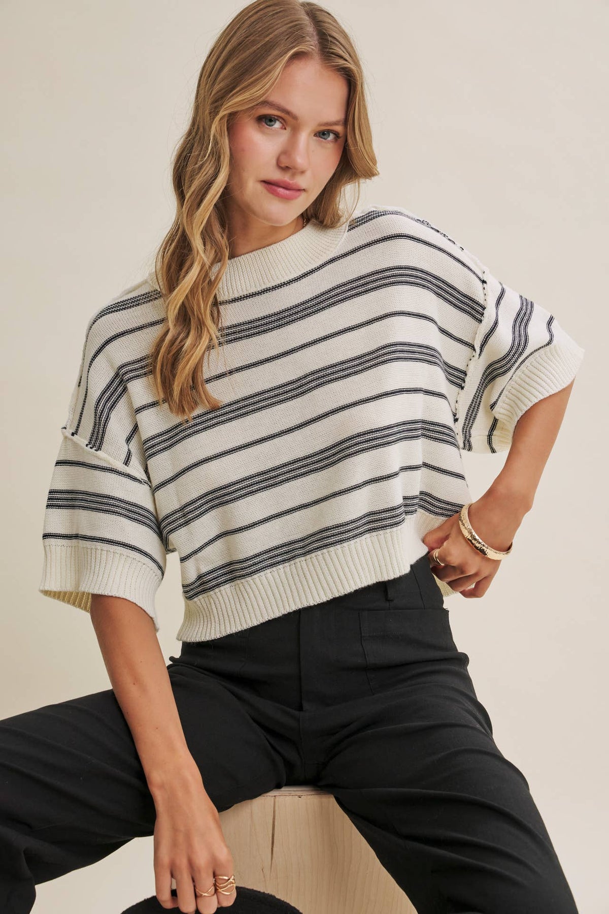 SUNLIT BOARDWALK LINEN COTTON BOXY STRIPE SWEATER