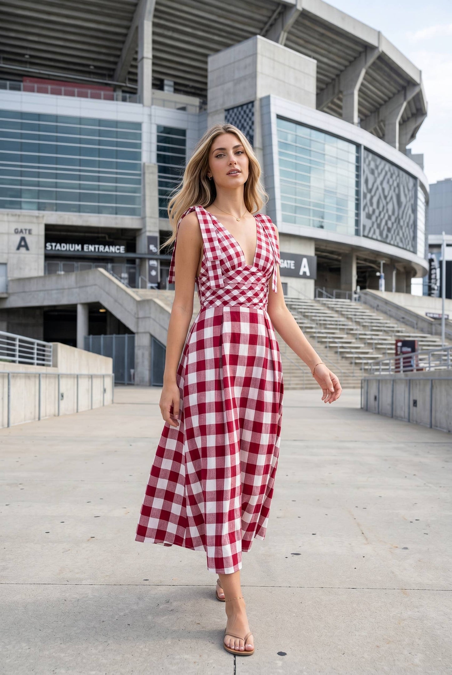 Check Pattern Tie Shoulder Maxi Dress