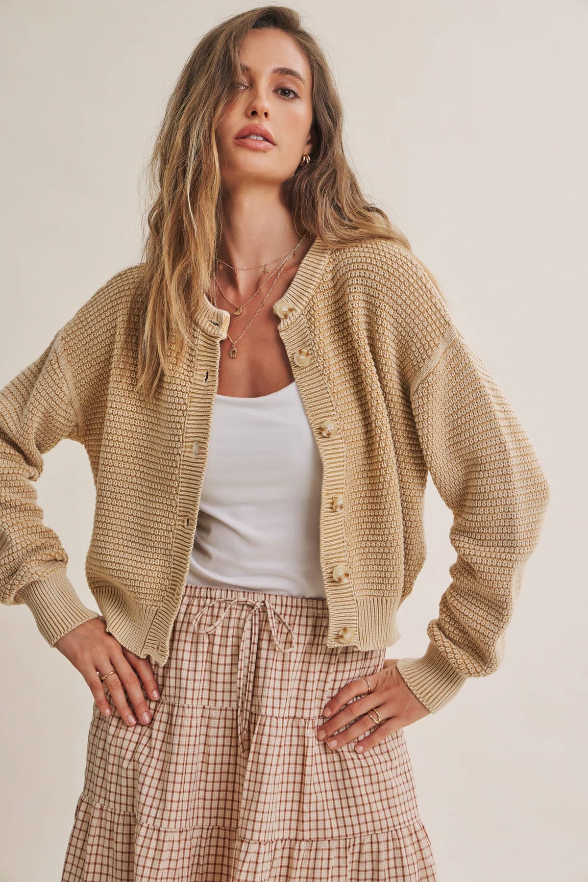 SEASONLESS MINERAL-WASHED COTTON WAFFLE BUTTON-DOWN CARDIGAN