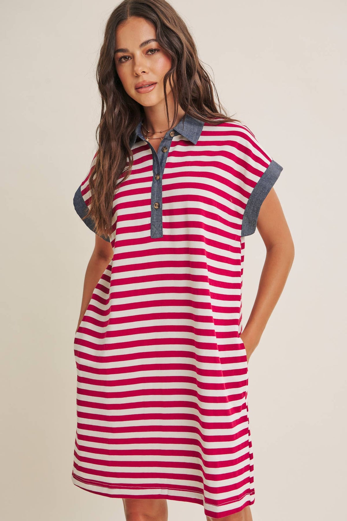 STRIPE COTTON POLO MINI DRESS WITH DENIM CONTRAST