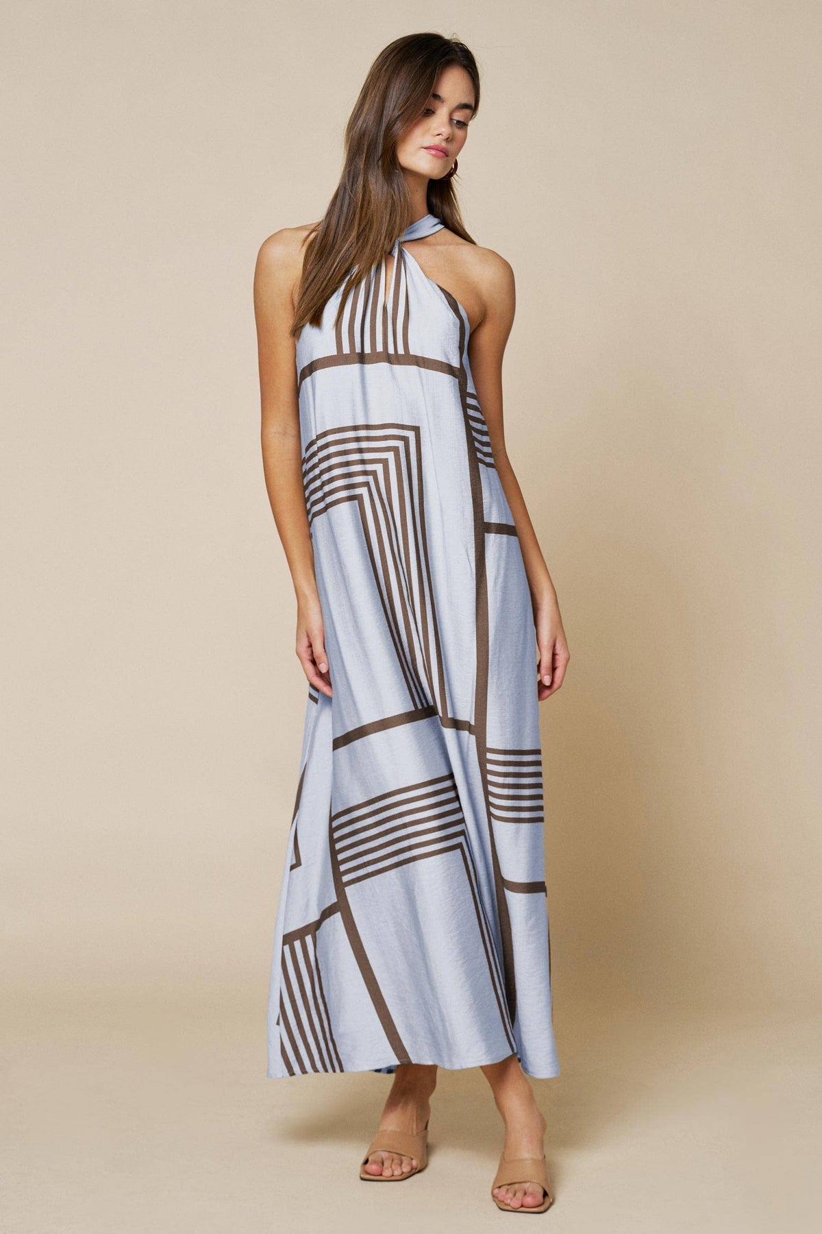 Geo Print Front Tie Keyhole Halter Maxi Dress