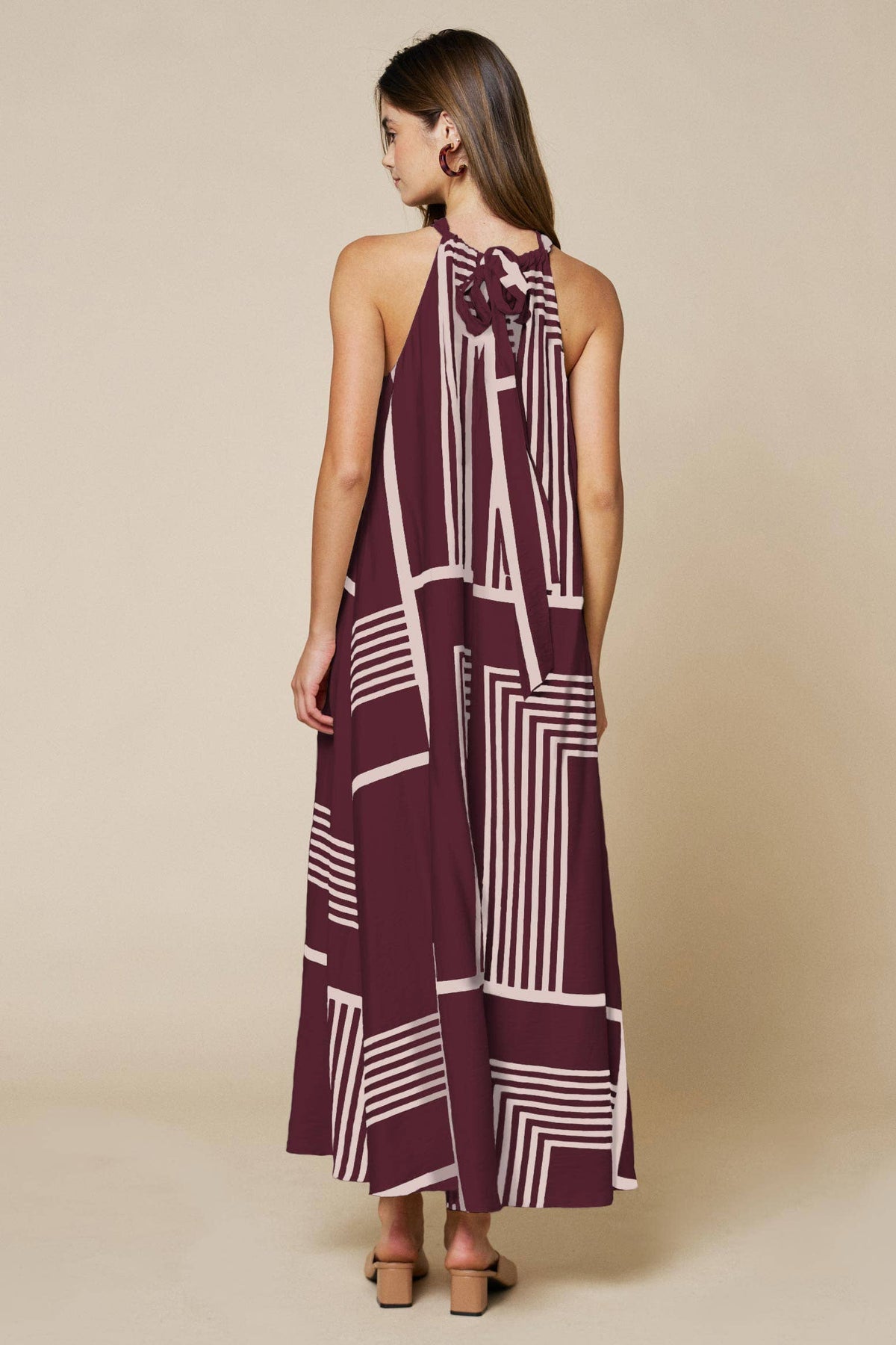 Geo Print Front Tie Keyhole Halter Maxi Dress