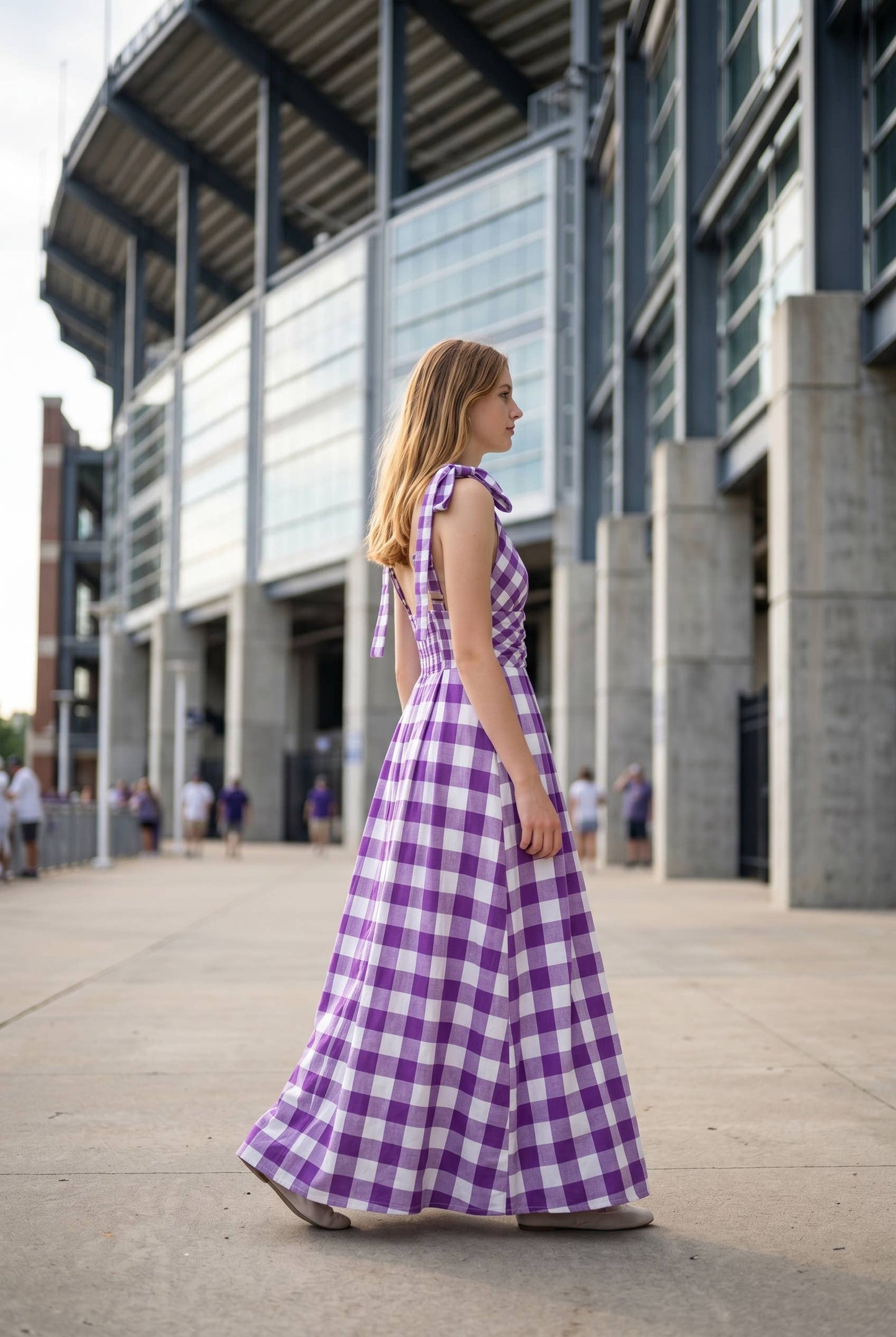 Check Pattern Tie Shoulder Maxi Dress