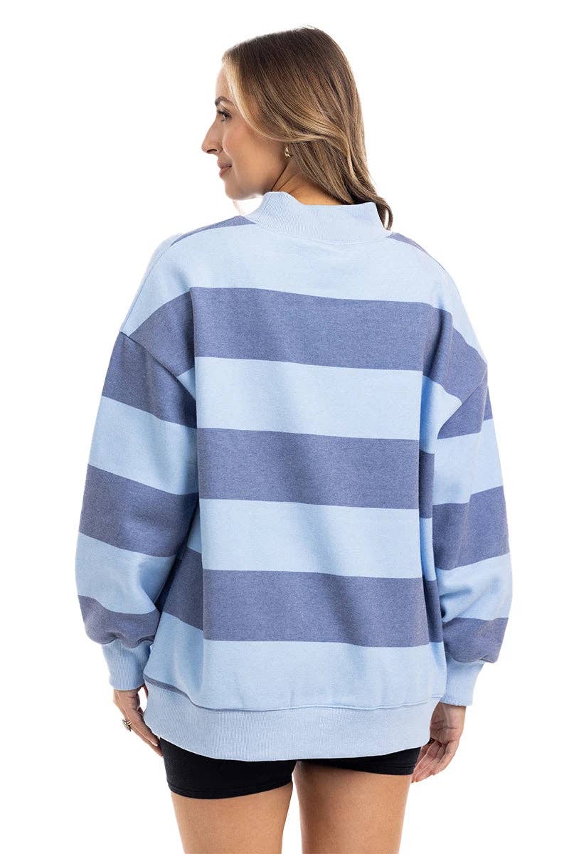 Light Blue and Navy Striped Wholesale Mockneck Pullover