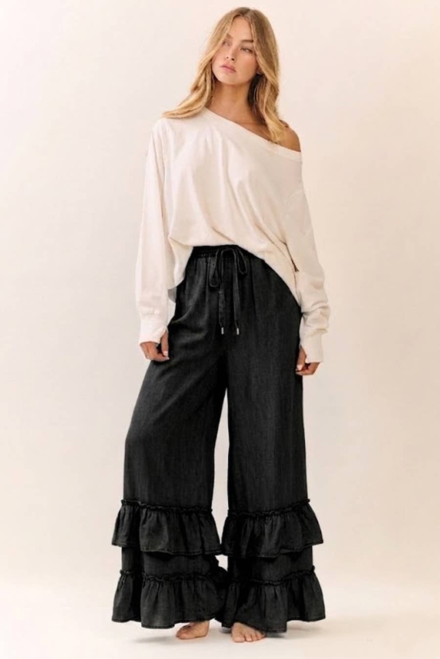 Washed Chambray Wide Leg Pants