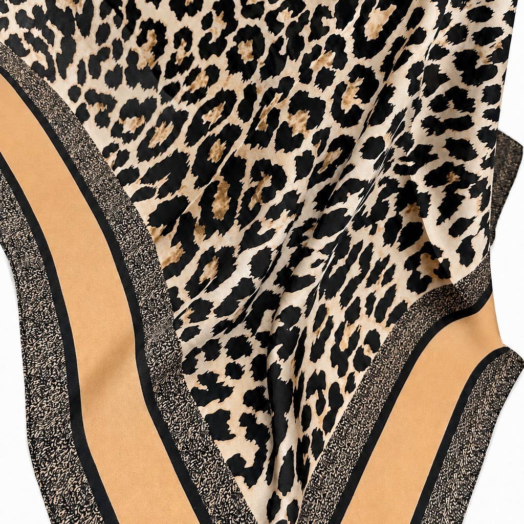 Leopard Print & Geometric Border Silky Neck Scarf | 40SC734