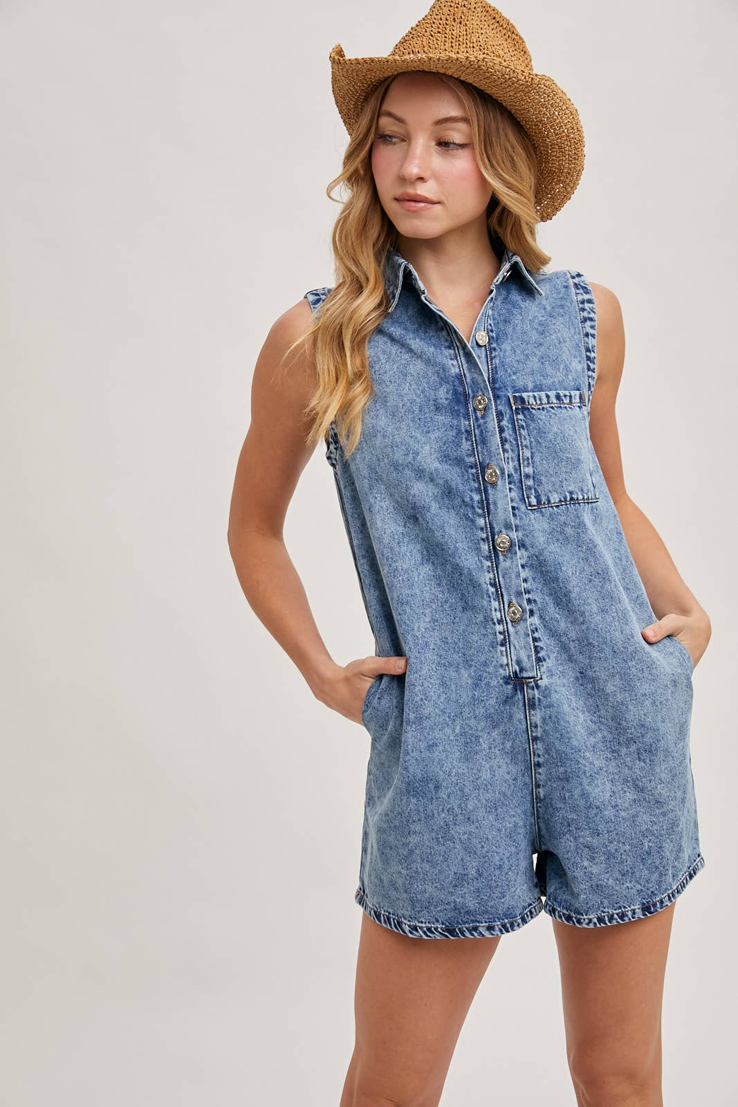 BUTTON DOWN SLEEVELESS SHIRT ROMPER
