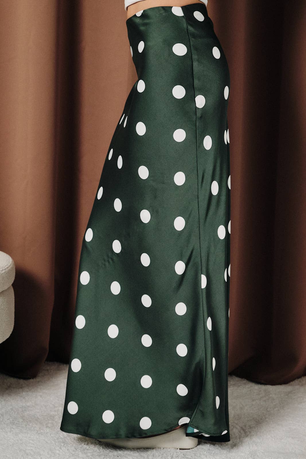 Polka Dot Satin Elastic Waist Midi Skirt