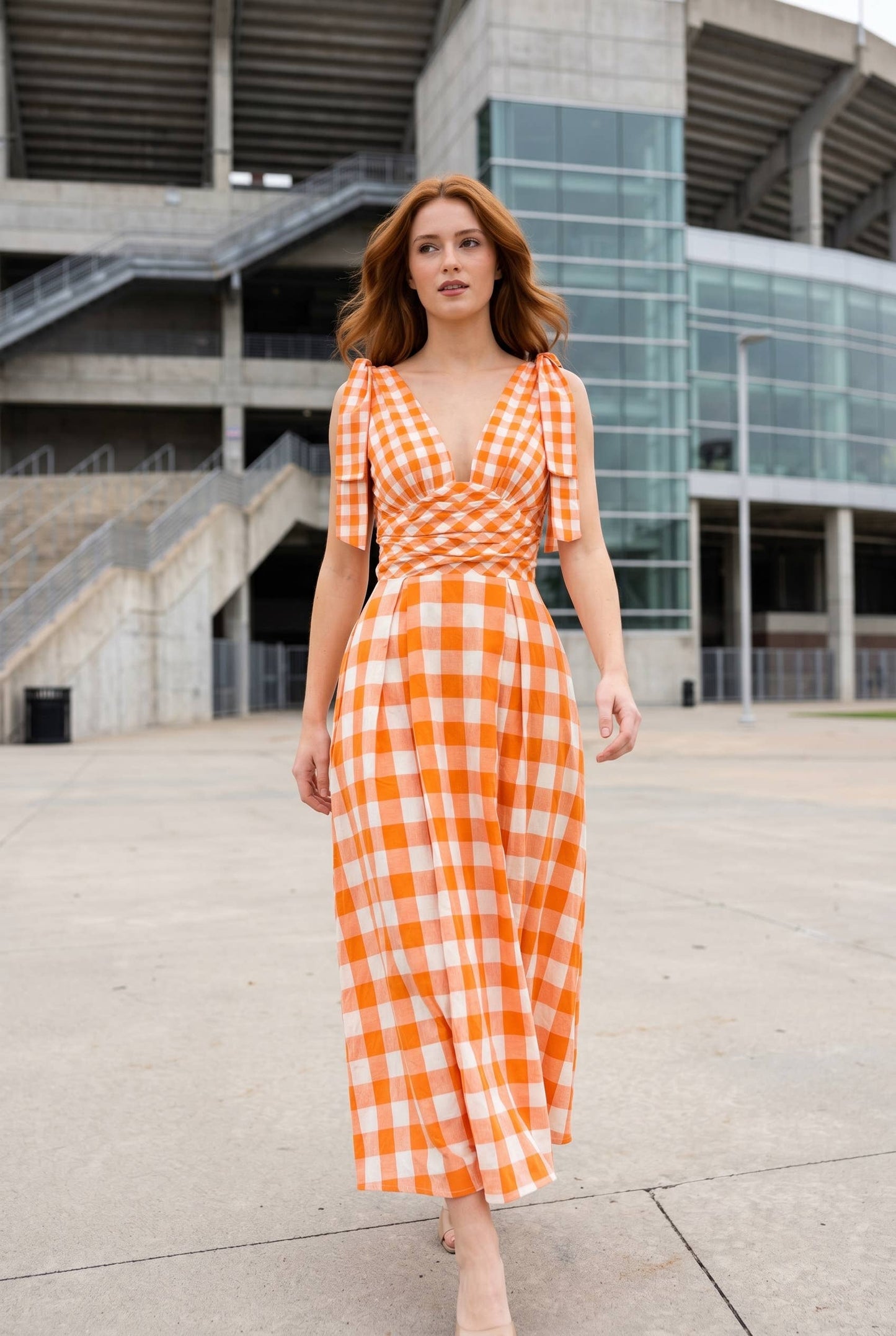Check Pattern Tie Shoulder Maxi Dress