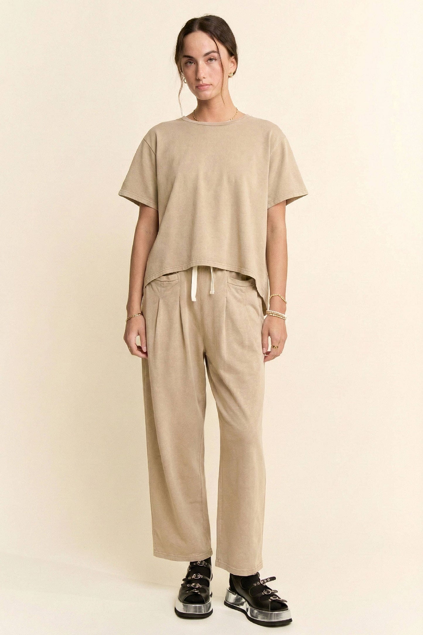Garment-Wash Pleated Top & Pants Set
