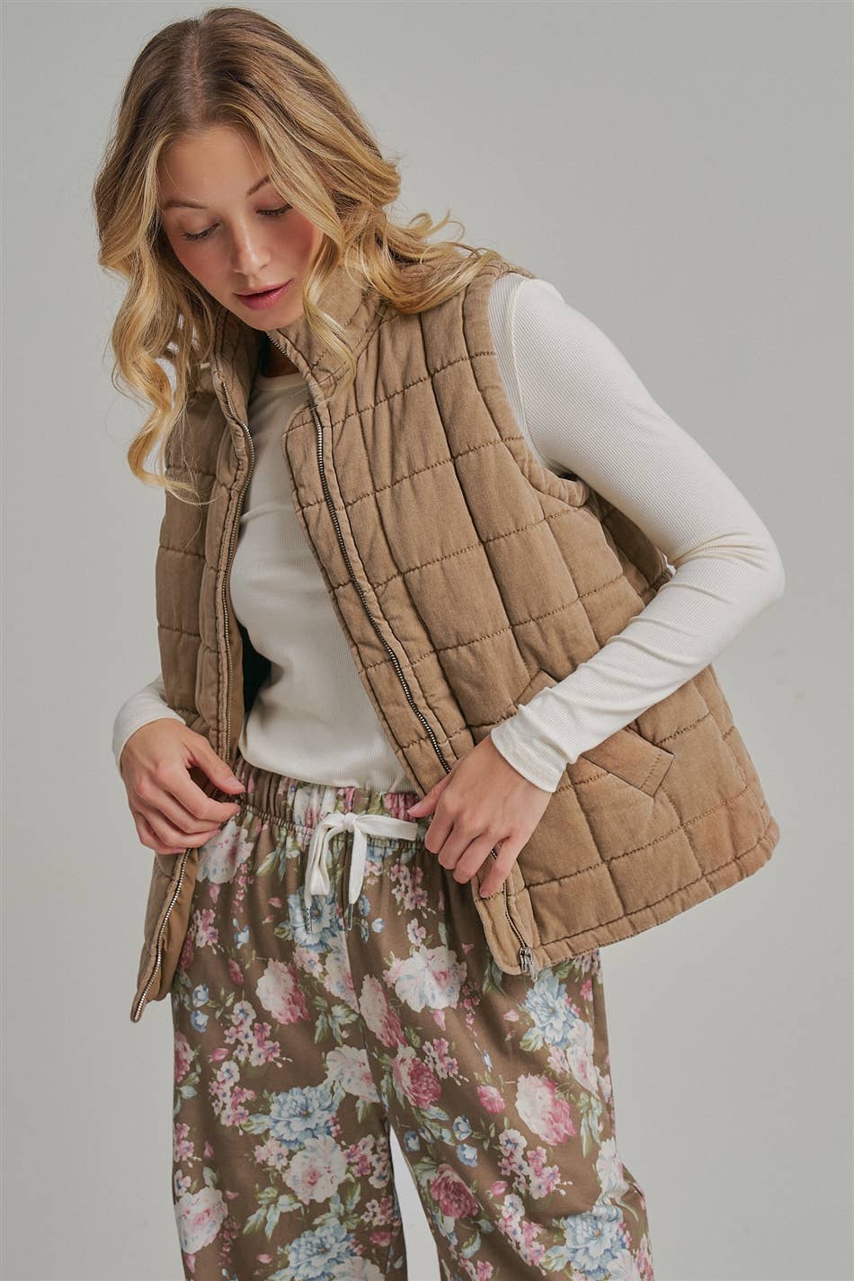 VINTAGE WASHED QUILTED PUFFER VEST STAND COLLAR_JLT00330-01