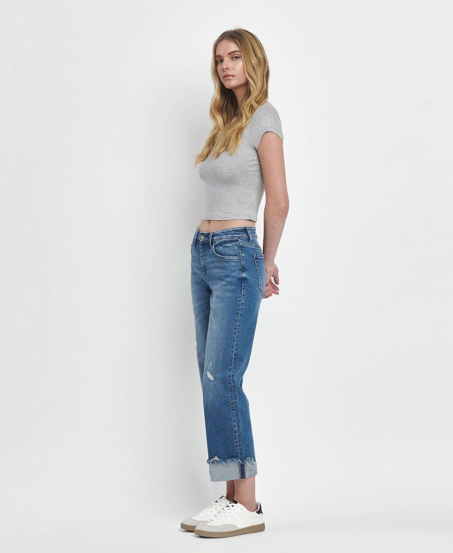 MID RISE RAW CUFFED HEM SLIM WIDE JEANS F5861