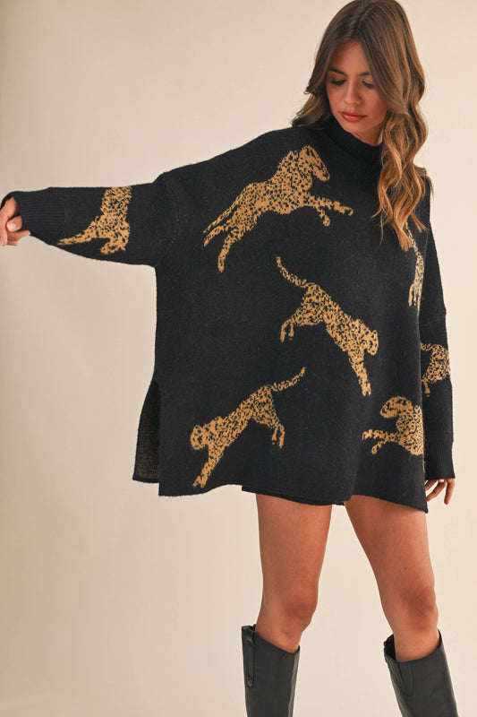 IT4416 CHEETAH PRINT OVERSIZED MOCK NECK SWEATER TOP