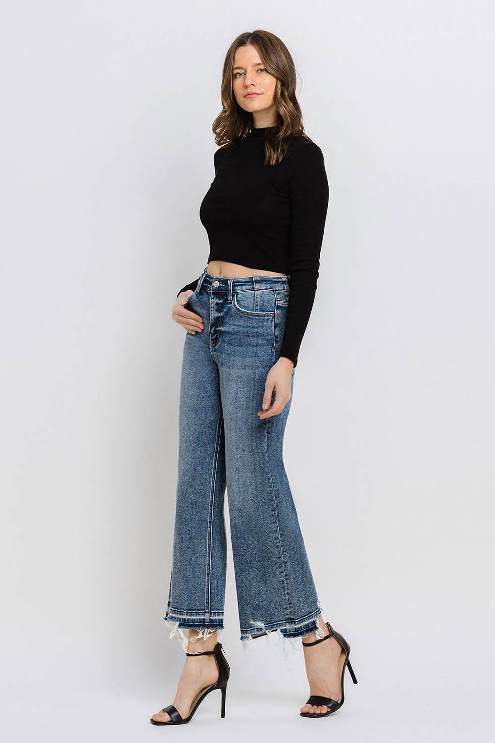 Flying Monkey SUPER HIGH RISE UNEVEN RAW HEM CROP WIDE JEANS