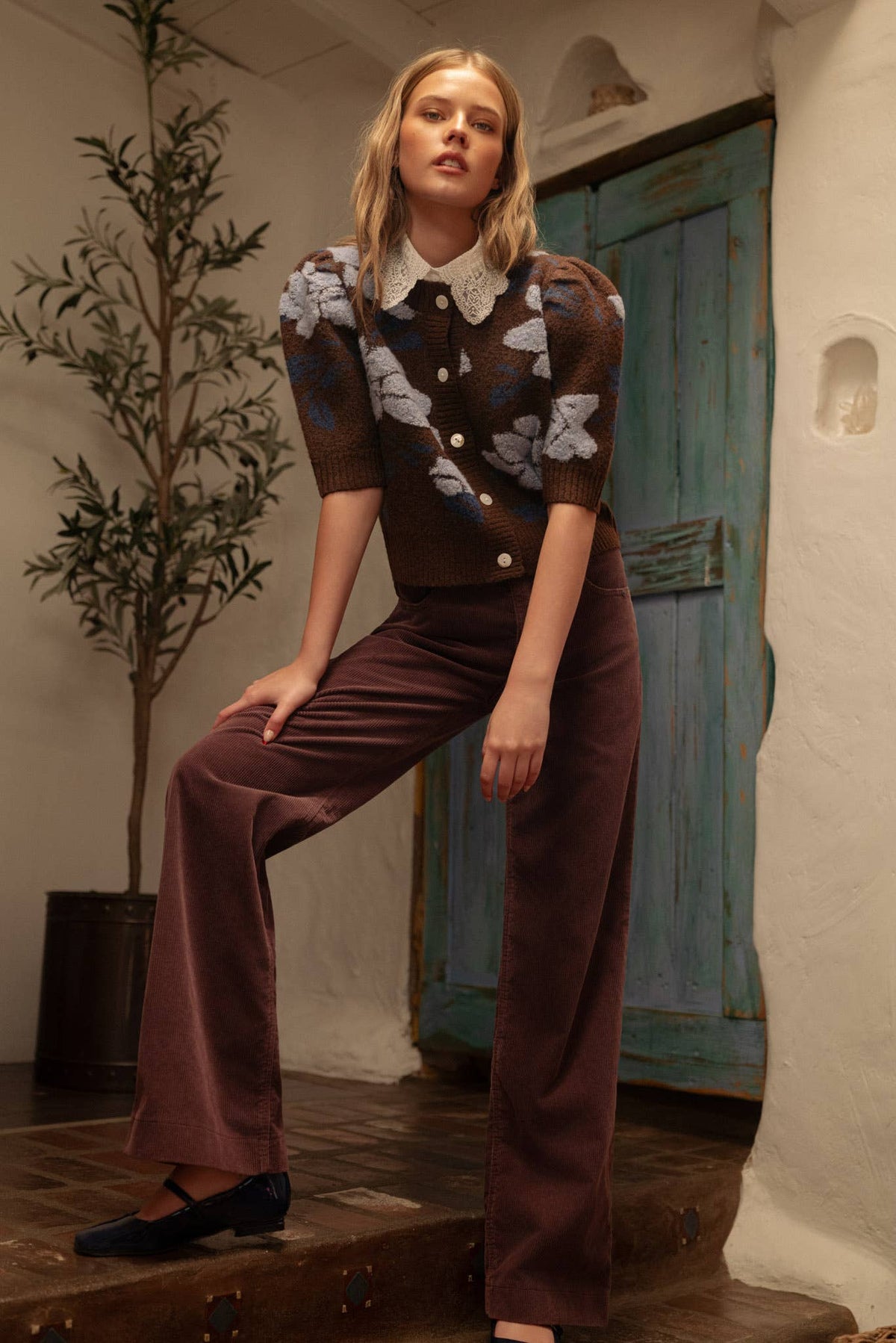 FLORAL KNIT SHORT PUFF SLEEVE SWEATER CARDIGAN MSW11393