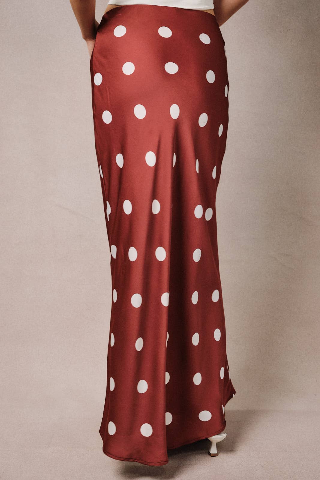 Polka Dot Satin Elastic Waist Midi Skirt