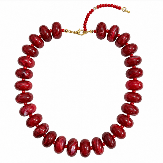 Polished Bead Statement Necklace | Deep Cream Red