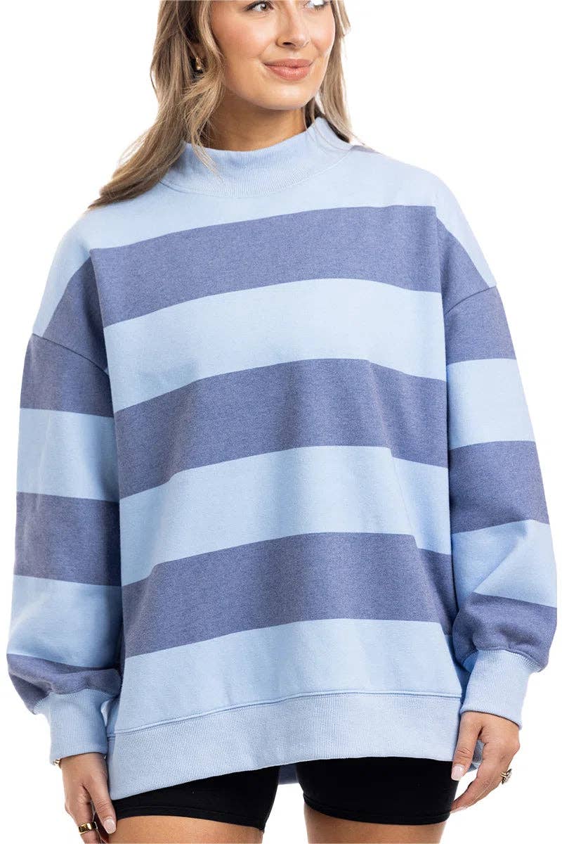 Light Blue and Navy Striped Wholesale Mockneck Pullover