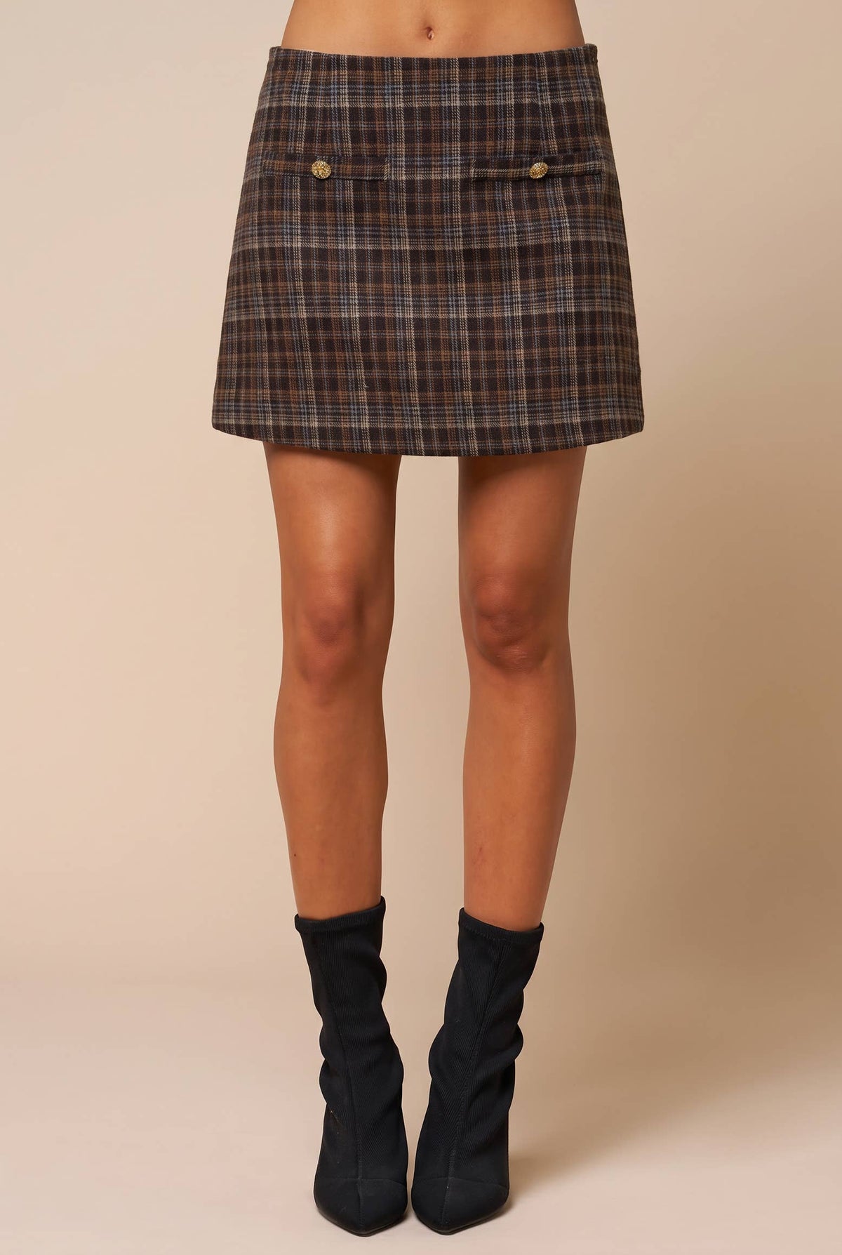 Plaid Mini Skirt Wit Front Button Detail