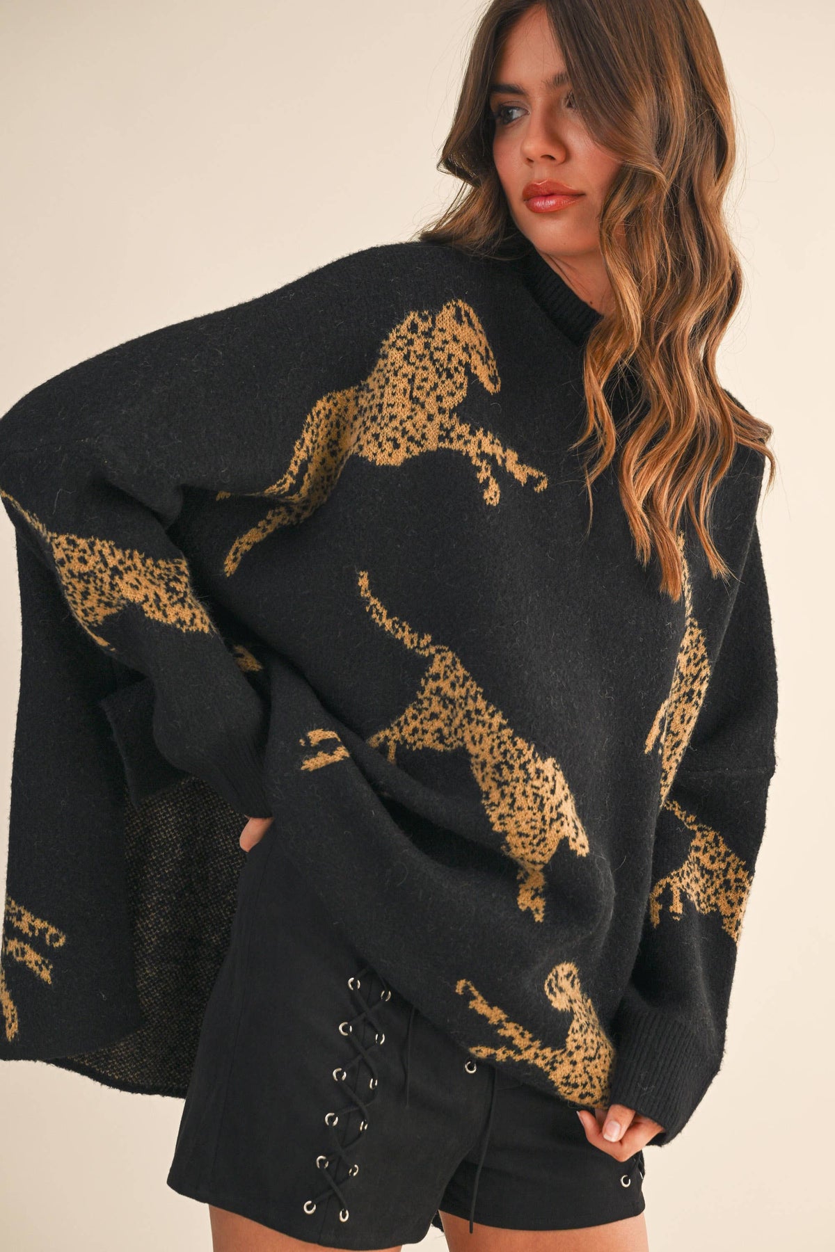 IT4416 CHEETAH PRINT OVERSIZED MOCK NECK SWEATER TOP
