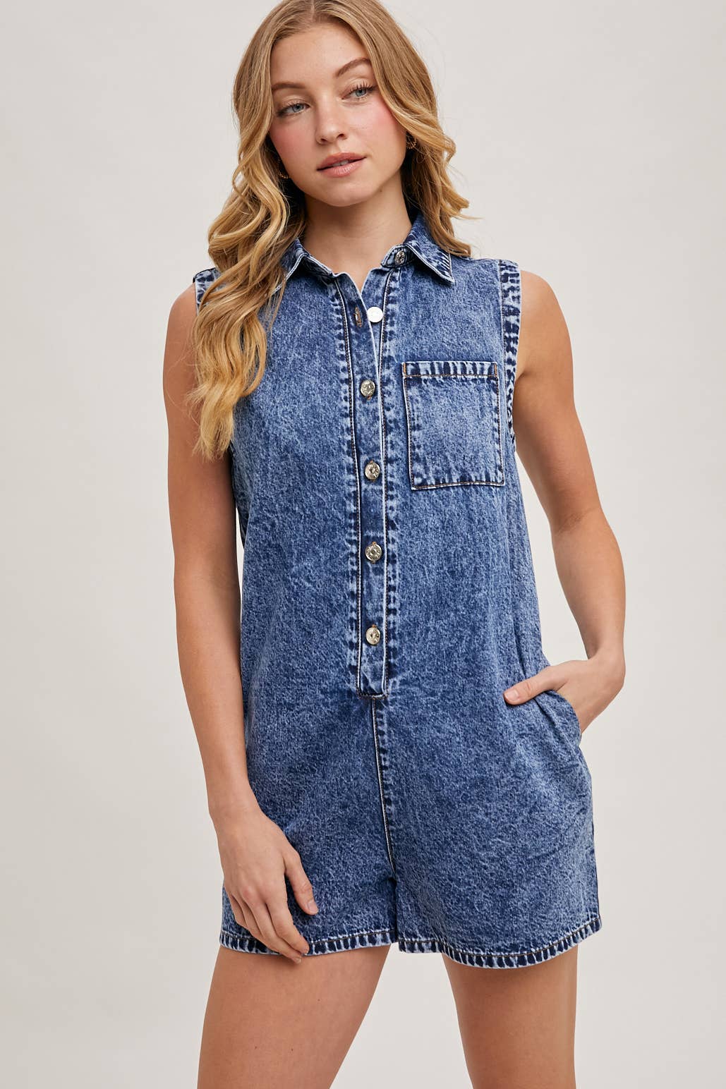BUTTON DOWN SLEEVELESS SHIRT ROMPER