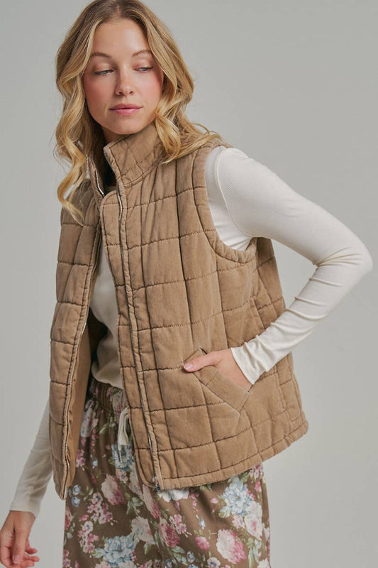 VINTAGE WASHED QUILTED PUFFER VEST STAND COLLAR_JLT00330-01