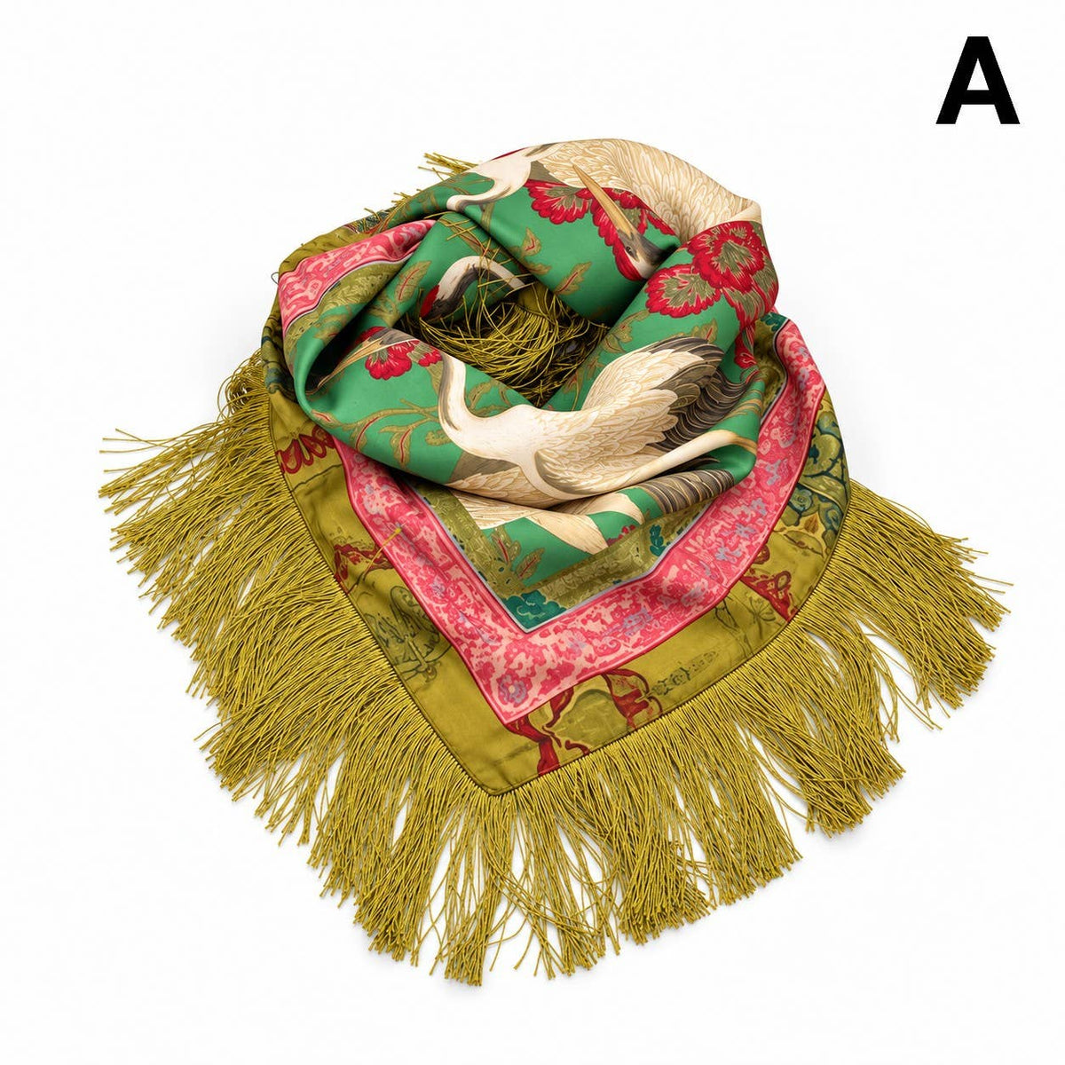 Crane Floral Print Fringed Square Scarf | 40SC750