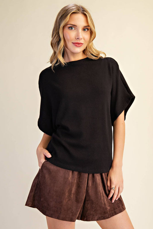 Mock Neck Short Sleeve Pullover Knit Top
