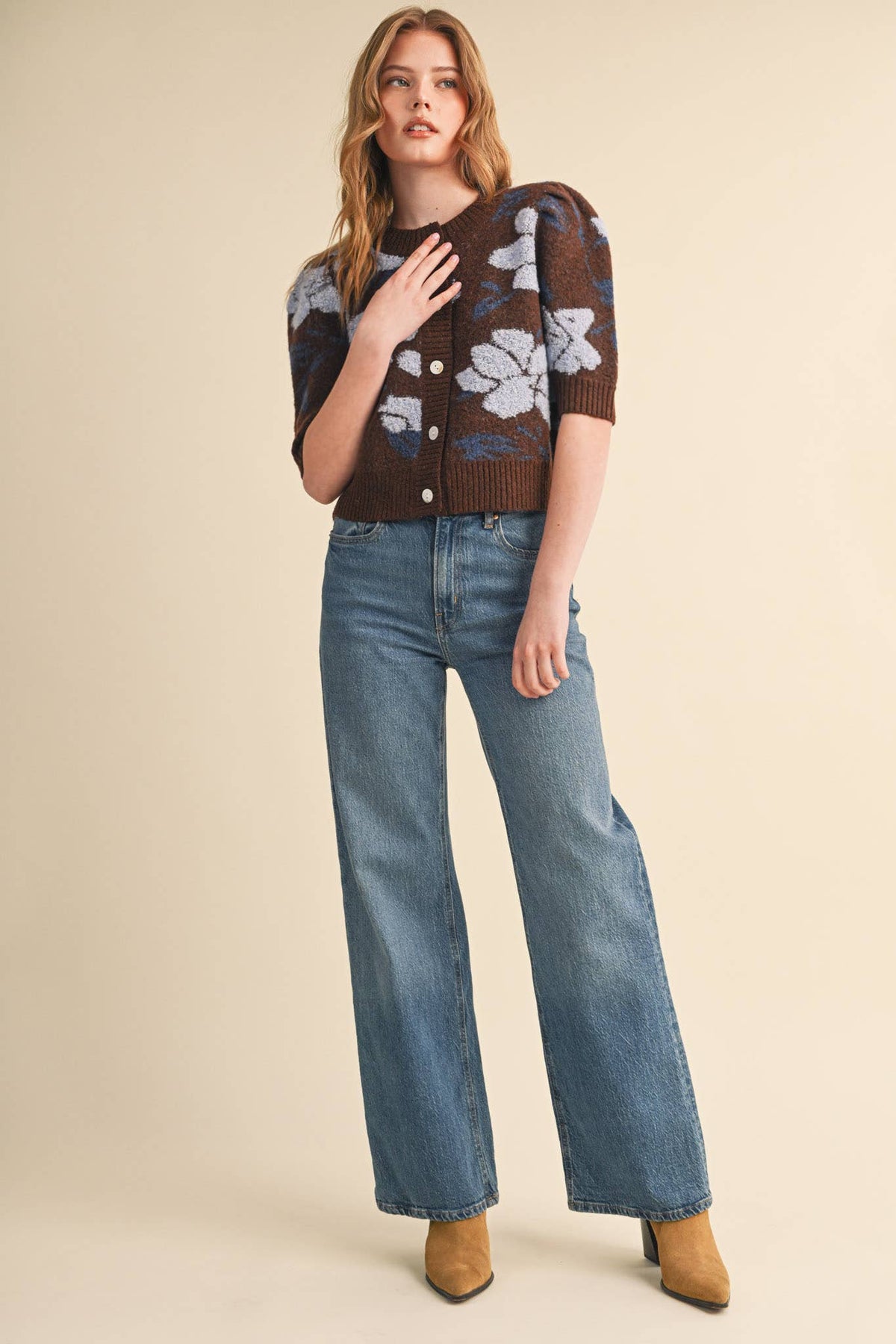 FLORAL KNIT SHORT PUFF SLEEVE SWEATER CARDIGAN MSW11393