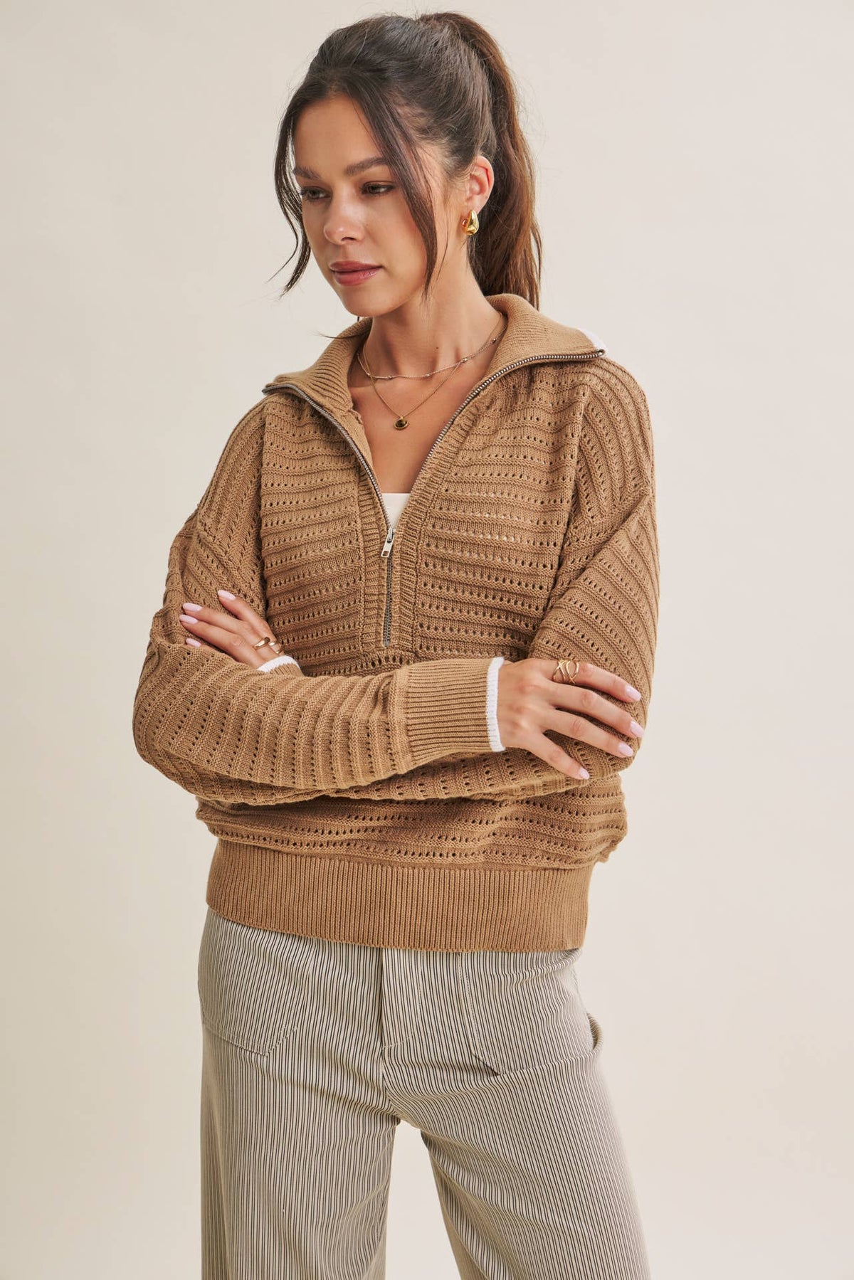 MOUNTAIN AIR CROCHET TEXTURE HALF-ZIP COTTON BLEND SWEATER