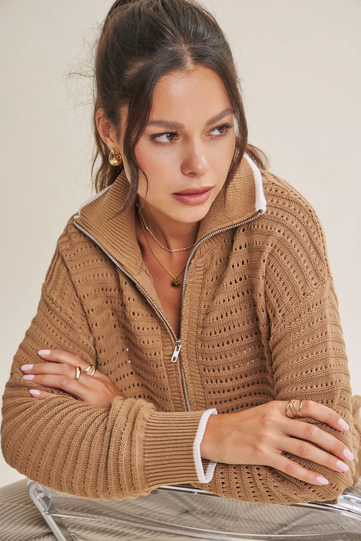 MOUNTAIN AIR CROCHET TEXTURE HALF-ZIP COTTON BLEND SWEATER
