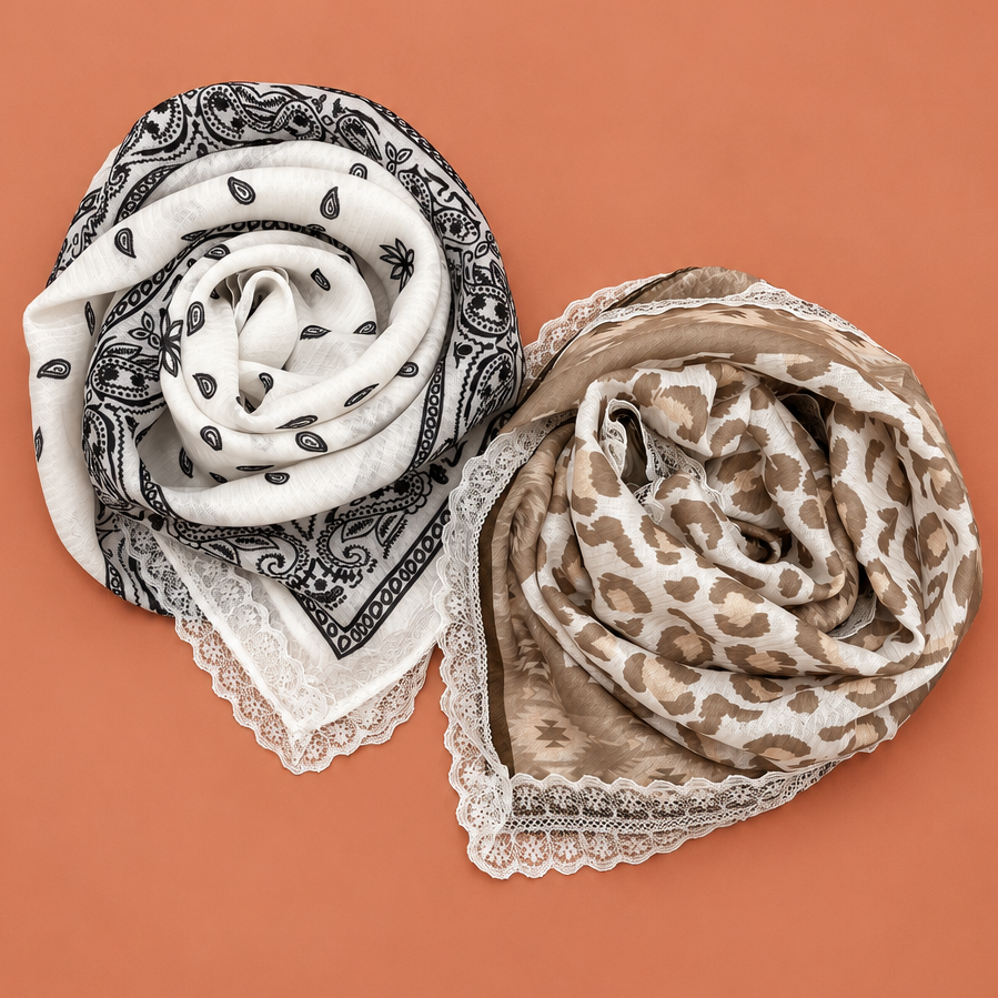 Animal & Paisley Print Lace-Trimmed Square Scarf | 40SC764