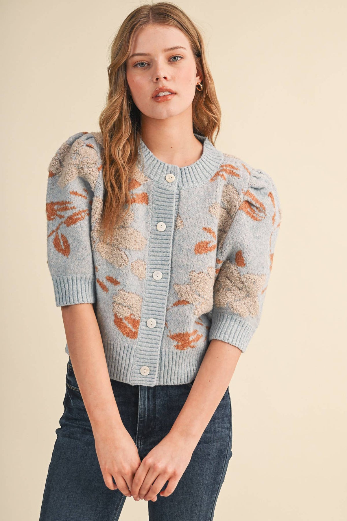 FLORAL KNIT SHORT PUFF SLEEVE SWEATER CARDIGAN MSW11393