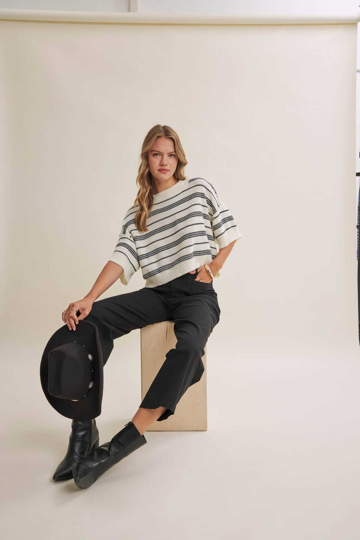 SUNLIT BOARDWALK LINEN COTTON BOXY STRIPE SWEATER