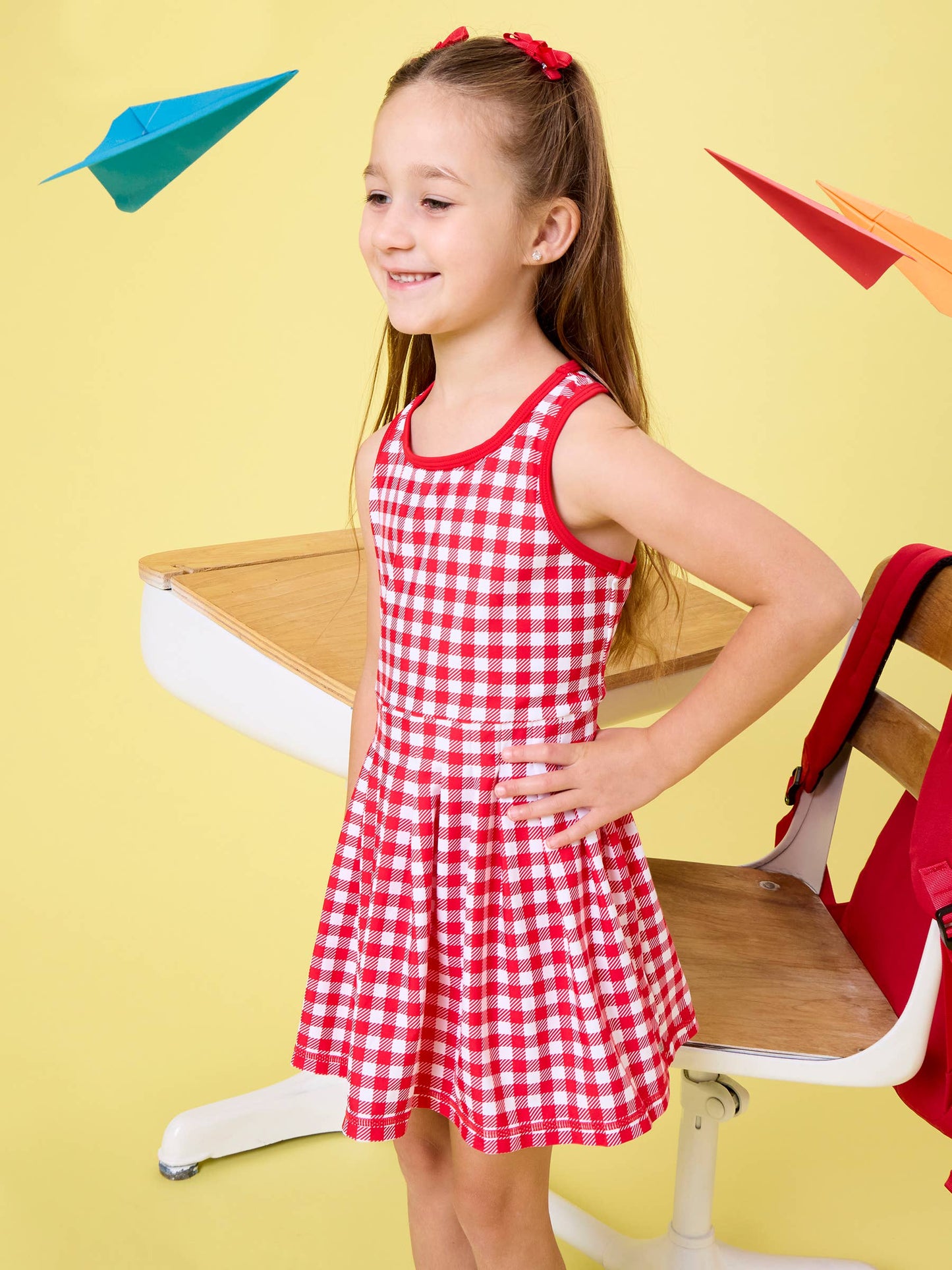 Girls Red Gingham Pleated Skirt Active Dress & Bike Short Set