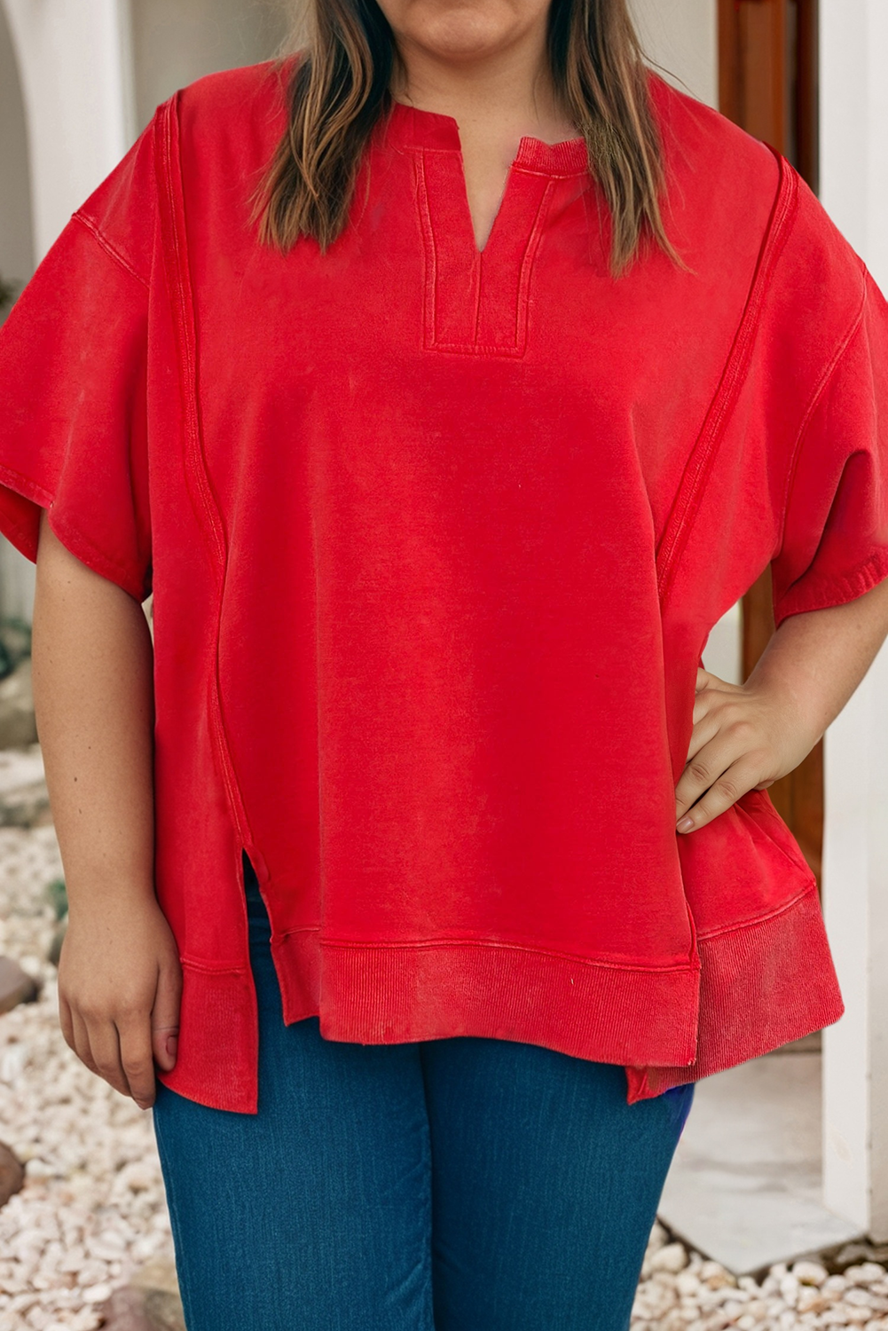 LDC Plus Notched Neck Seam Detail Patchwork Top