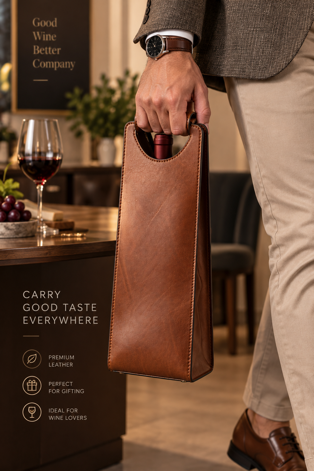 Leather Wine Bottle Holder – Brown Single Bottle Wine Carrie