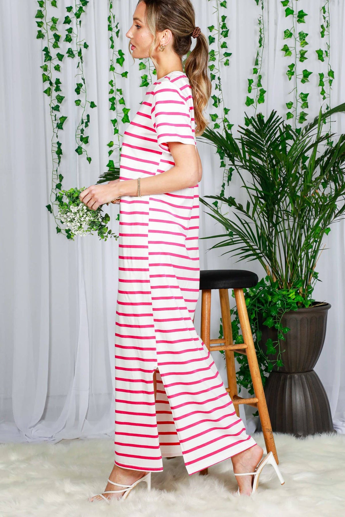 Crew Neck Striped Cotton T-Shirt Maxi Dress VD82246