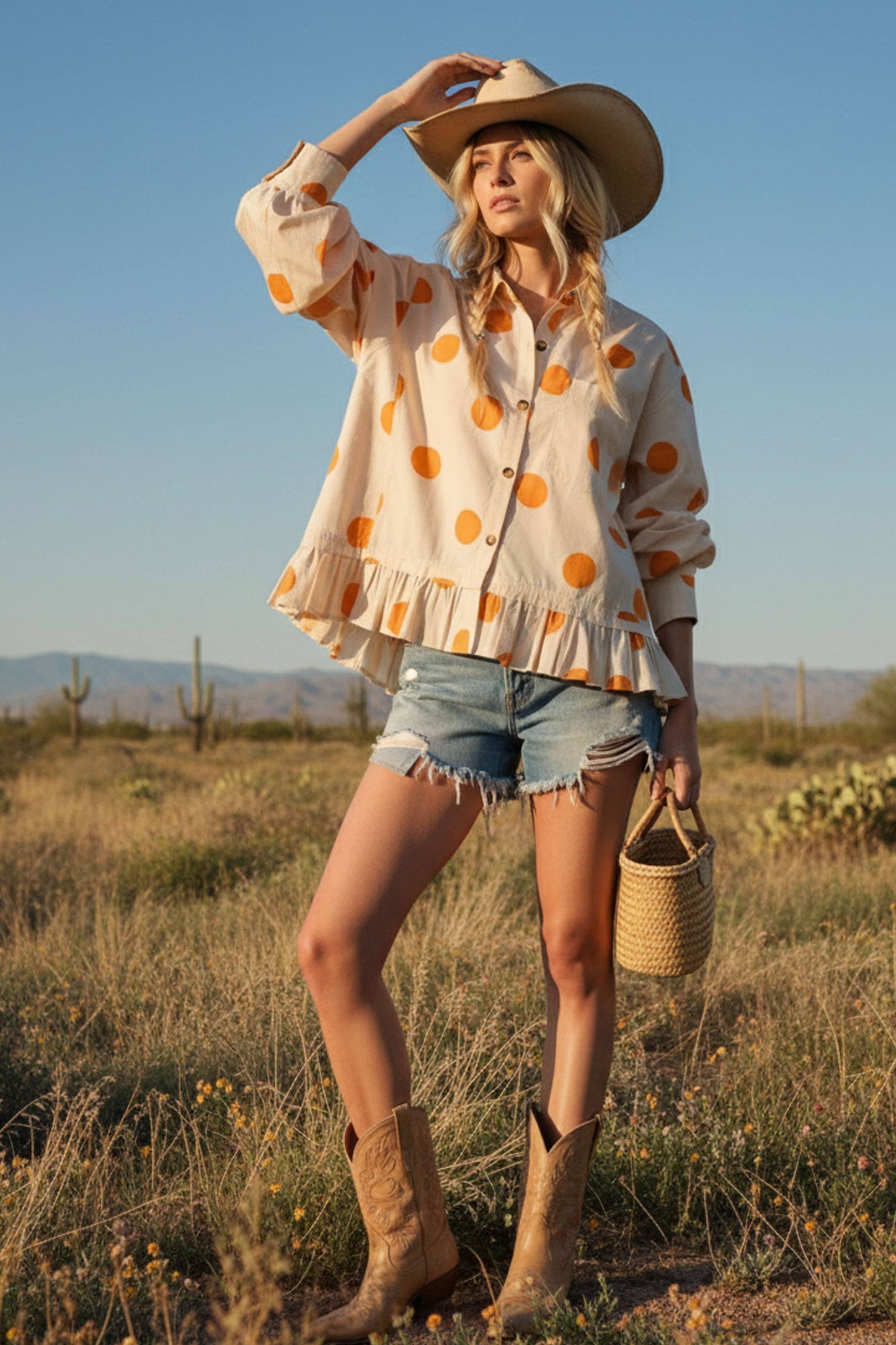 Polka Dot Ruffle Hem Long Sleeve Shirt