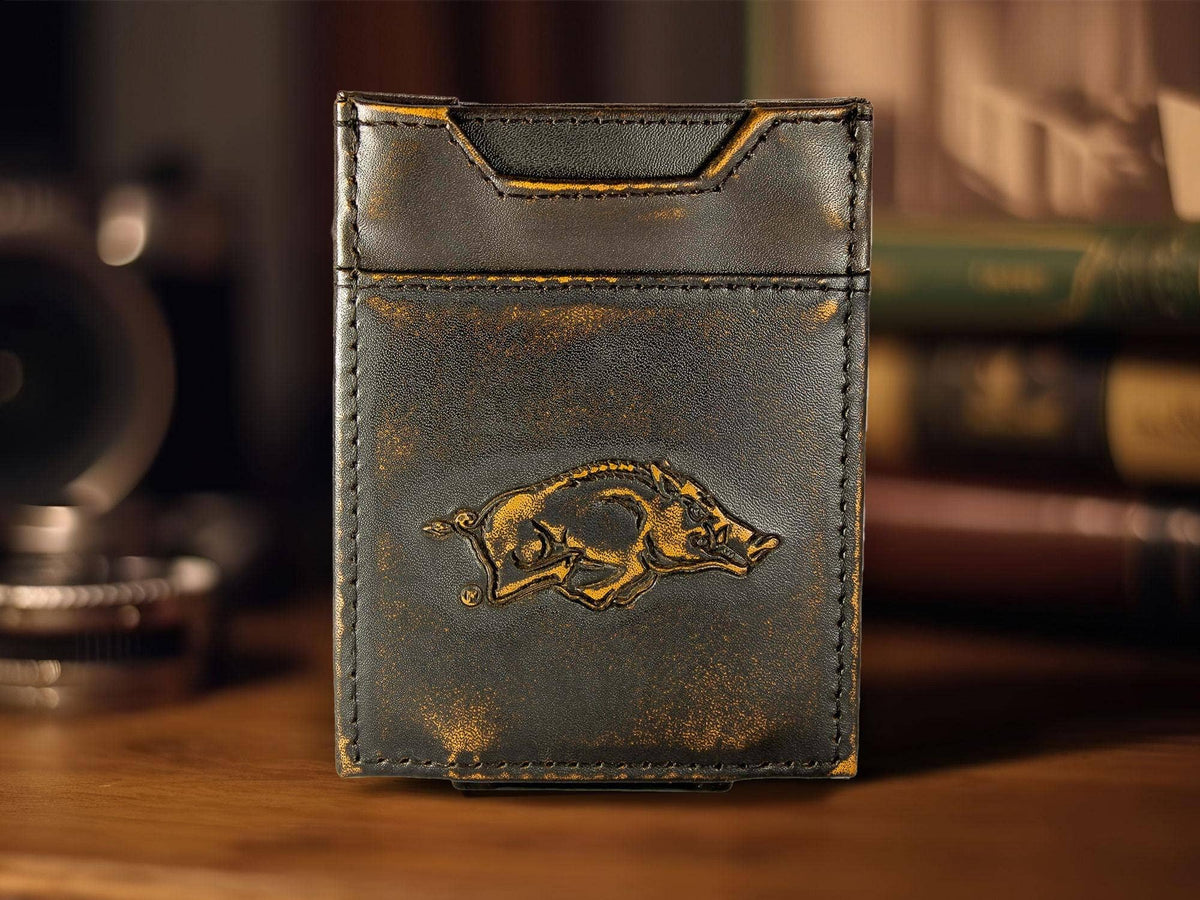 Arkansas Razorbacks Burnished Magnetic Front Pocket Leather Wallet.