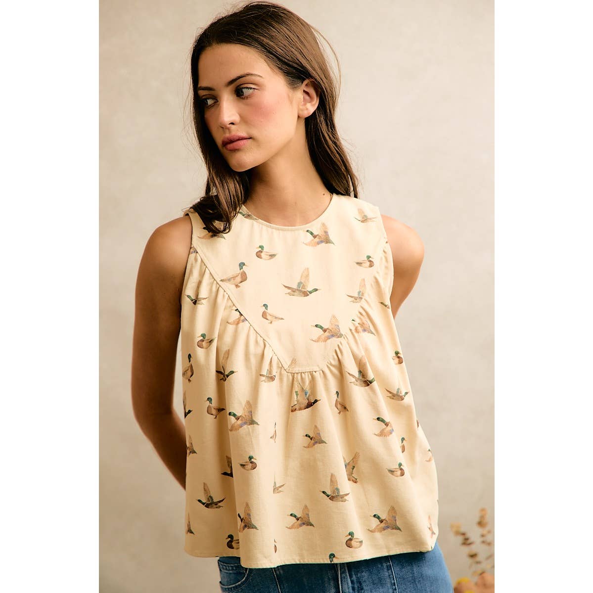 MALLARD DUCK PRINT COTTON TWILL WASH SHIRRED TANK TOP