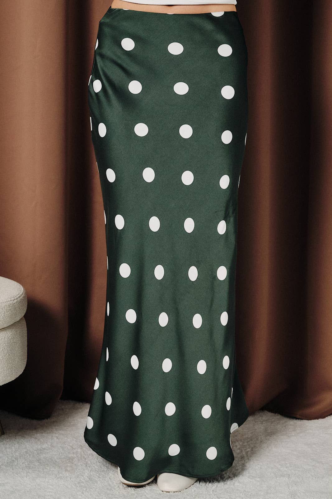 Polka Dot Satin Elastic Waist Midi Skirt