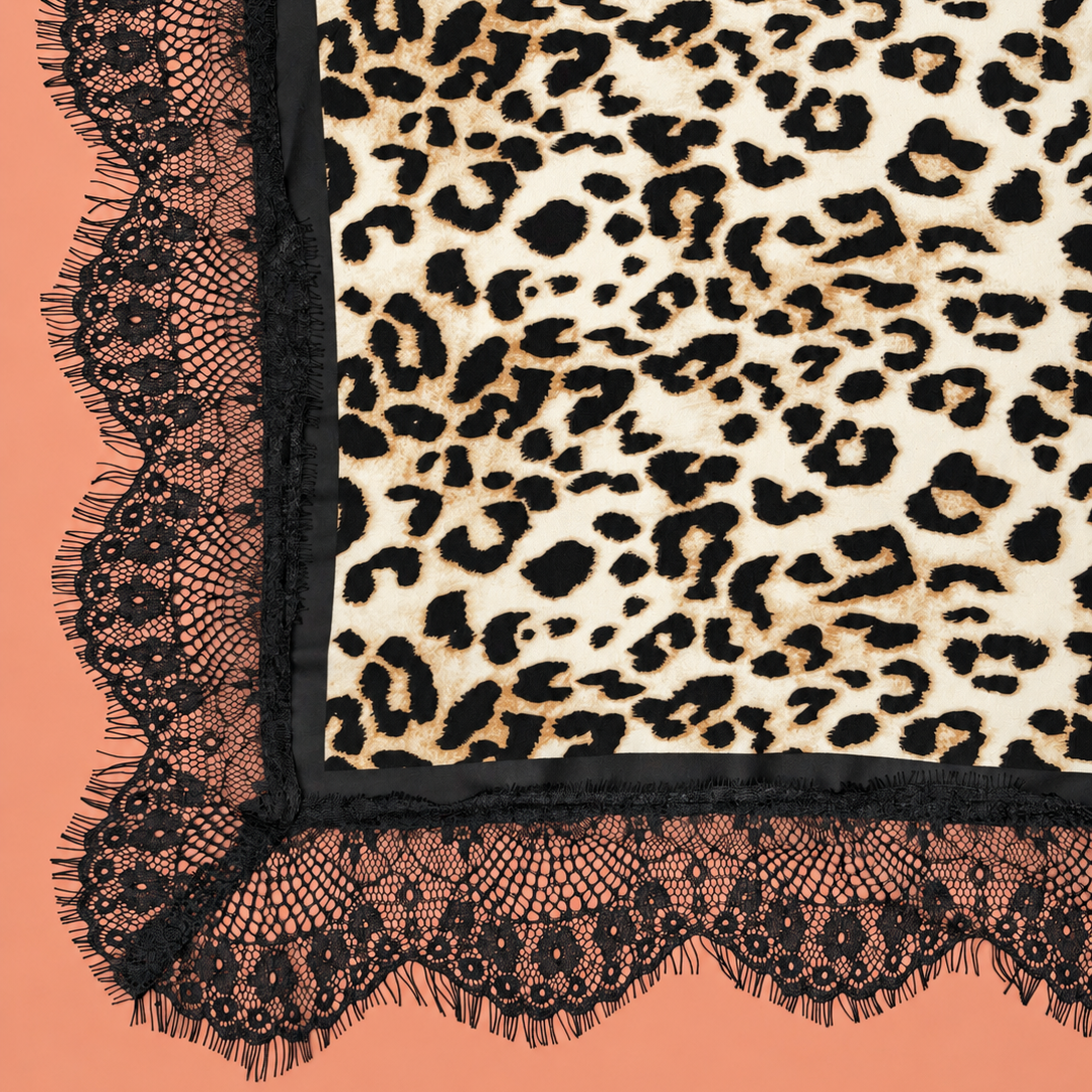 Patterned Silk-Feel Lace Trim Square Scarf | 40SC774