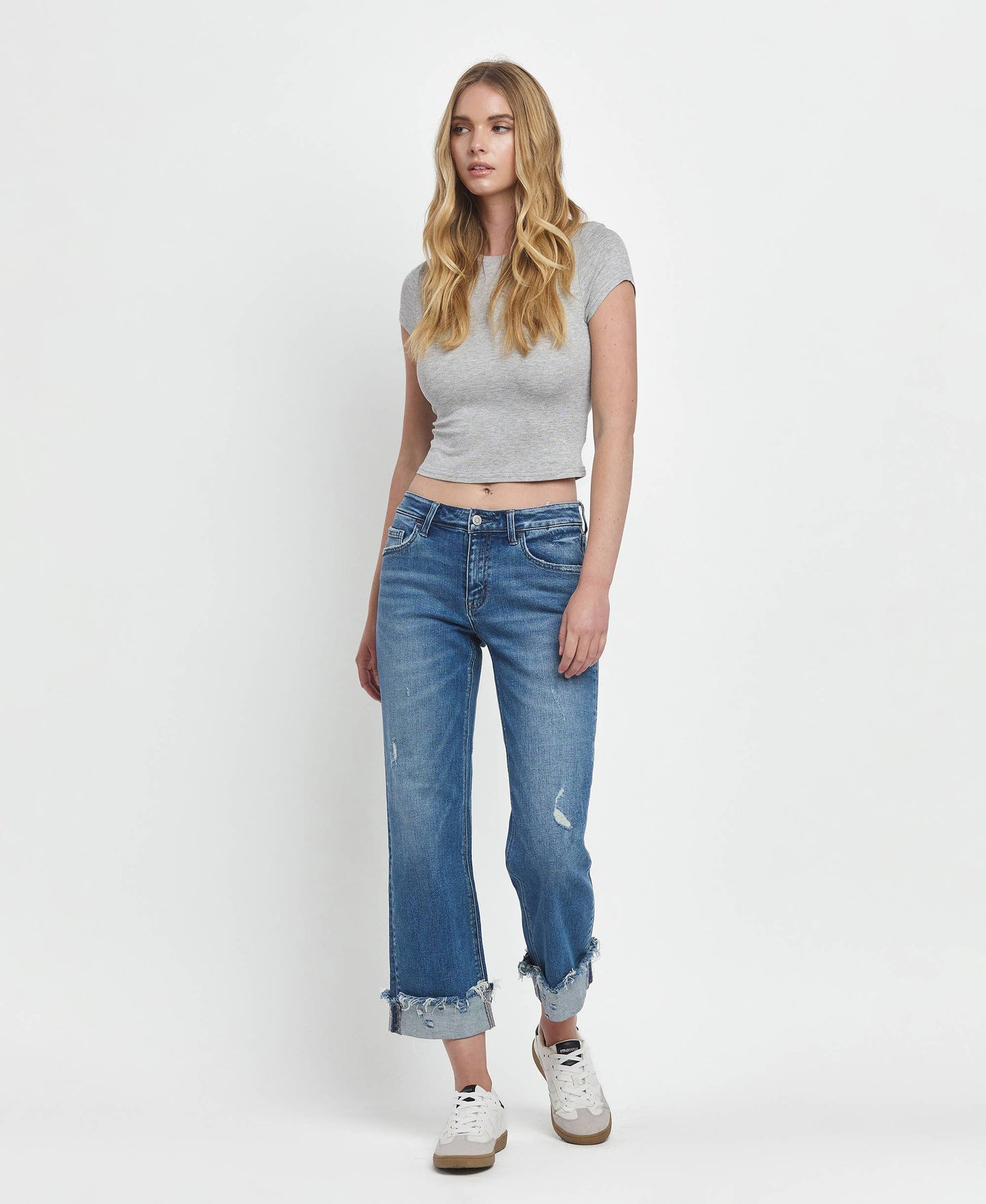 MID RISE RAW CUFFED HEM SLIM WIDE JEANS F5861